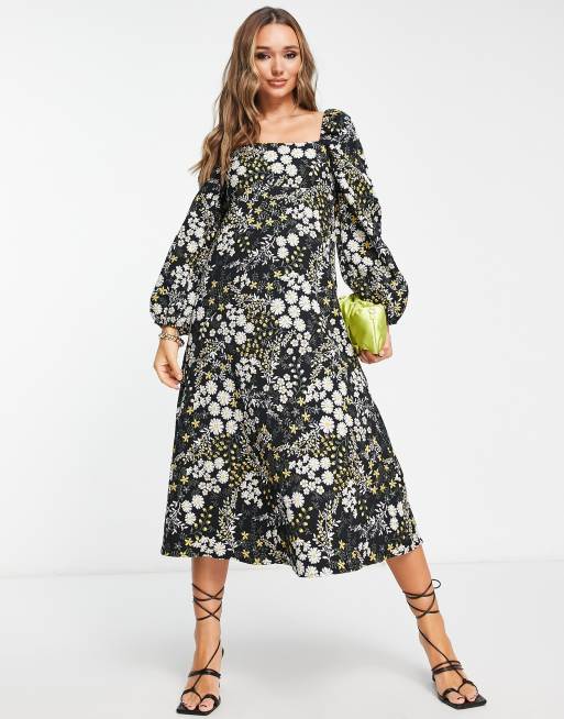 ASOS DESIGN jacquard puff sleeve midi dress in dark floral