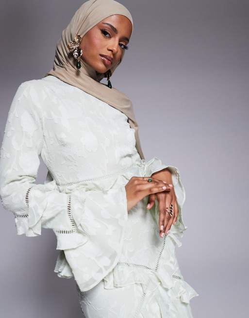 ASOS DESIGN jacquard ruffle long sleeve maxi dress in sage green