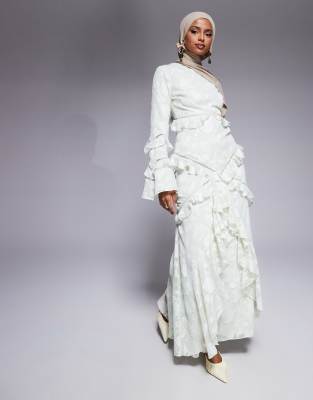 ASOS DESIGN jacquard ruffle long sleeve maxi dress in sage green