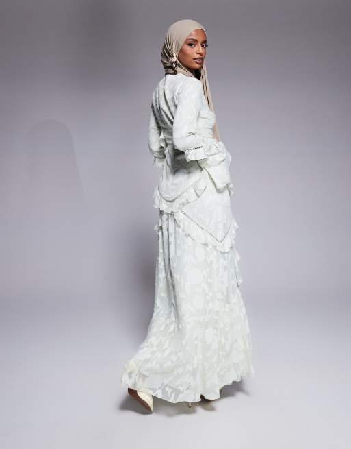 ASOS DESIGN jacquard ruffle long sleeve maxi dress in sage green