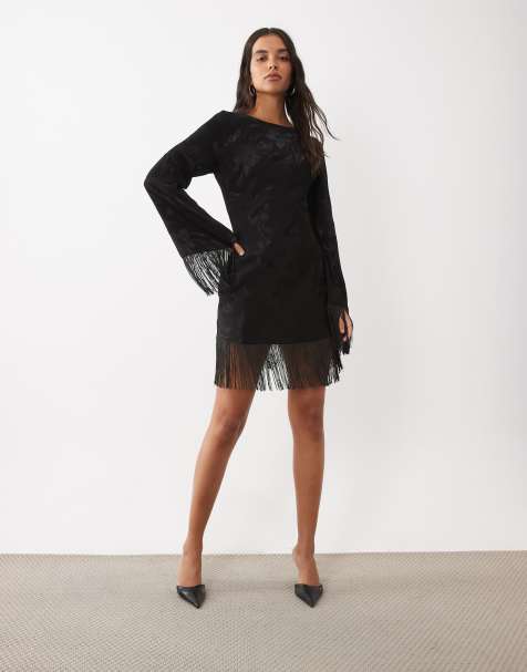 ASOS DESIGN jacquard slash neck fringed mini dress in black - view 1