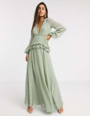 ASOS DESIGN jacquard tiered maxi dress with lace trim detail in sage-Green