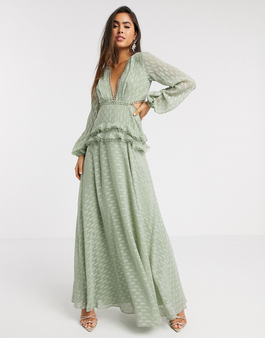 ASOS DESIGN jacquard tiered maxi dress with lace trim detail in sage-Green
