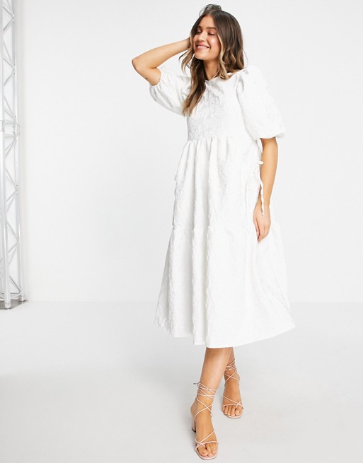 ASOS DESIGN jacquard tiered midi dress with bellow pockets in white