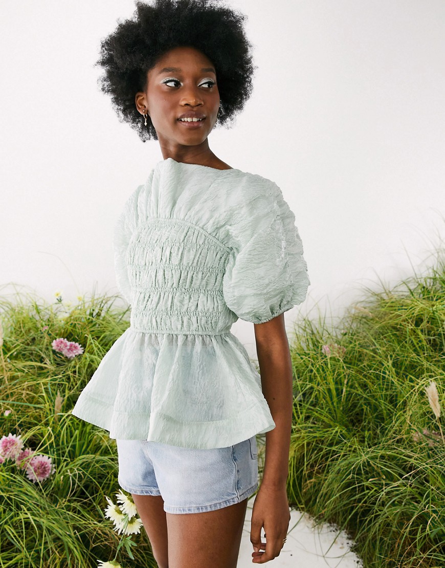 ASOS DESIGN jacquard top with shirring and tie back in sage-Green