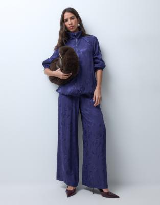Asos Design Jacquard Wide Leg Trouser-navy In Blue
