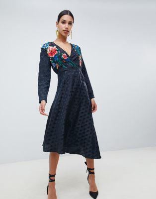 ASOS DESIGN jacquard wrap midi dress with long sleeves and embroidery ...