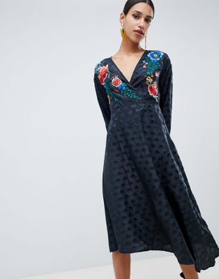 asos design long sleeve embroidered midi dress