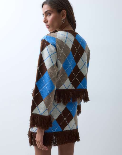 ASOS DESIGN jacquardkofta med fransar i nederkant och på ärmarna i blått och brunt, 4 av 5