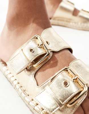Asos Design Wide Fit Femi Oversized Buckle Footbed Mules In Neutral