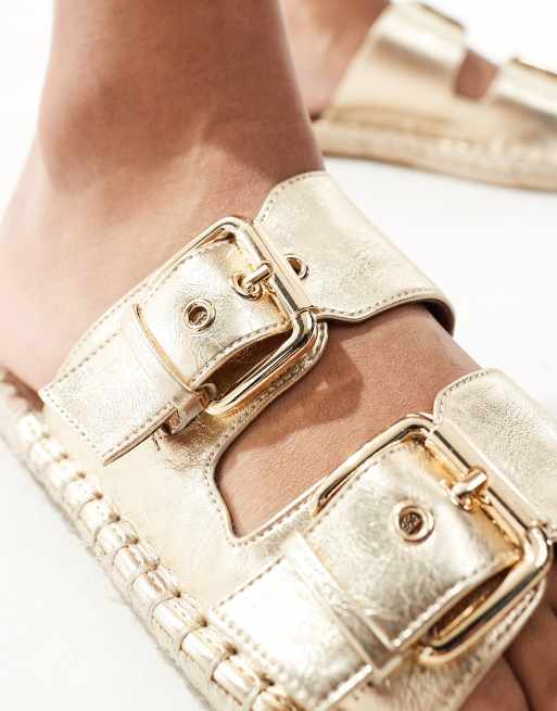 ASOS DESIGN Jada double buckle espadrille mules in gold metallic