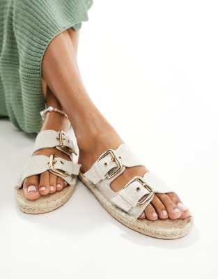 Jada double buckle espadrille mules in natural linen-Neutral