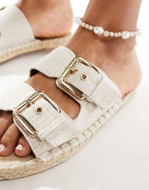 ASOS DESIGN Jada double buckle espadrille sandals in natural linen