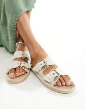 ASOS DESIGN Wide Fit Jada double buckle espadrille sandals in natural linen ASOS