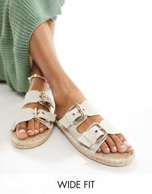 ASOS DESIGN - Jada - Espadrilles-Sandalen aus naturfarbenem Leinen mit doppeltem Riemen und Schnallen, weite Passform-Ne...