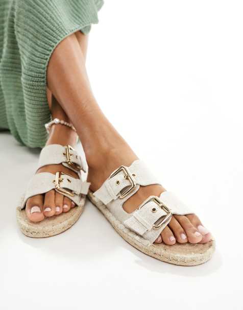 ASOS DESIGN – Jada – Klapki espadryle z imitacji lnu w naturalnym kolorze z dwiema klamrami - view 1