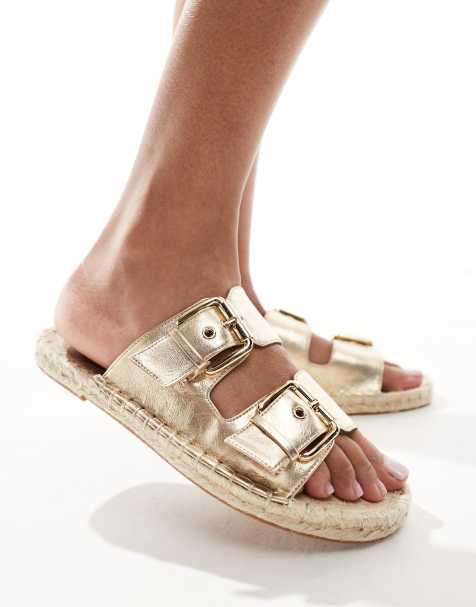 ASOS DESIGN - Jada - Mules style espadrilles en lin avec deux boucles - Doré métallisé - view 1