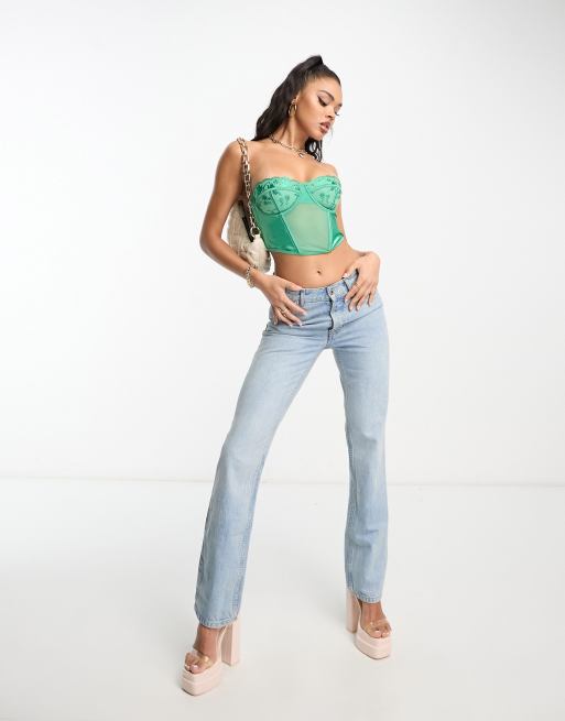 ASOS DESIGN – Jade – Premium – Grön skimrande korsett med broderi och bygel, 3 av 4