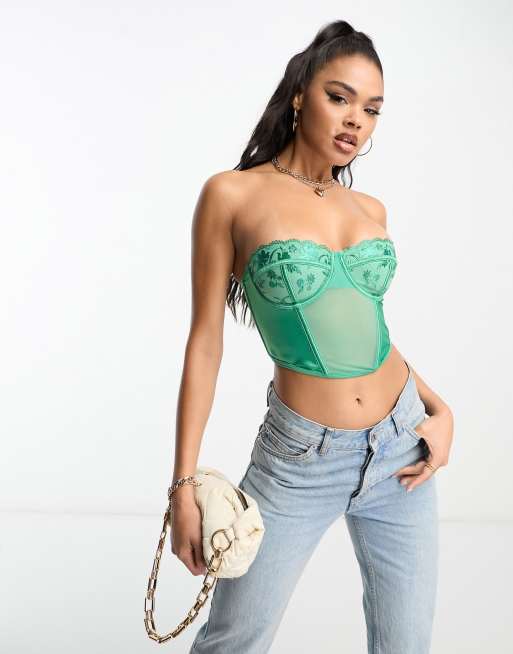 ASOS DESIGN – Jade – Premium – Grön skimrande korsett med broderi och bygel, 4 av 4