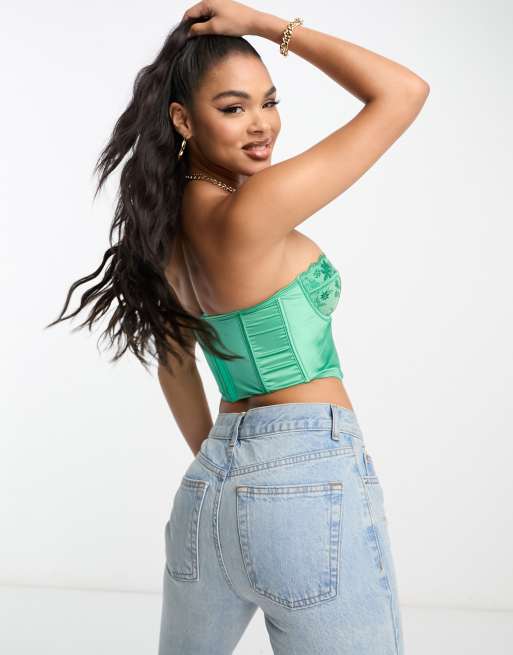 ASOS DESIGN boned corset in pleated metallic green