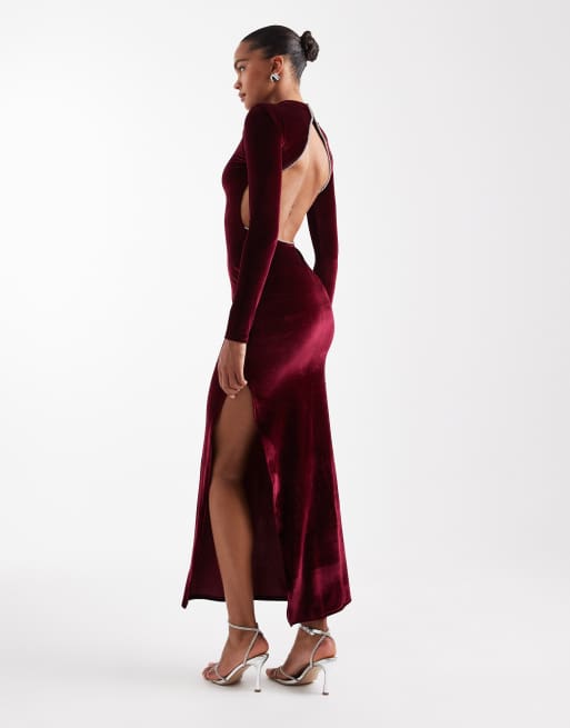 ASOS DESIGN – Jagodowa aksamitna sukienka maxi z długimi rękawami, odkrytymi plecami i zdobieniem