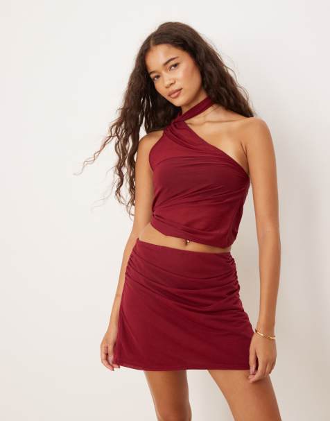 ASOS DESIGN ruched detail mesh mini skirt in berry