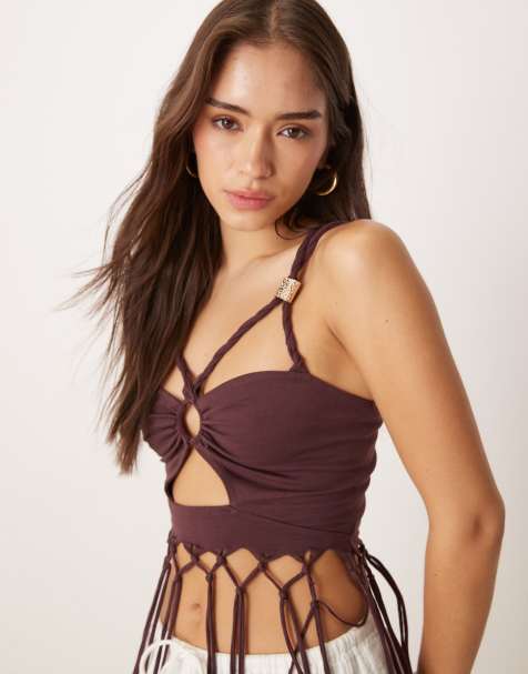 ASOS DESIGN twist strap ruched front fringed cami top in berry