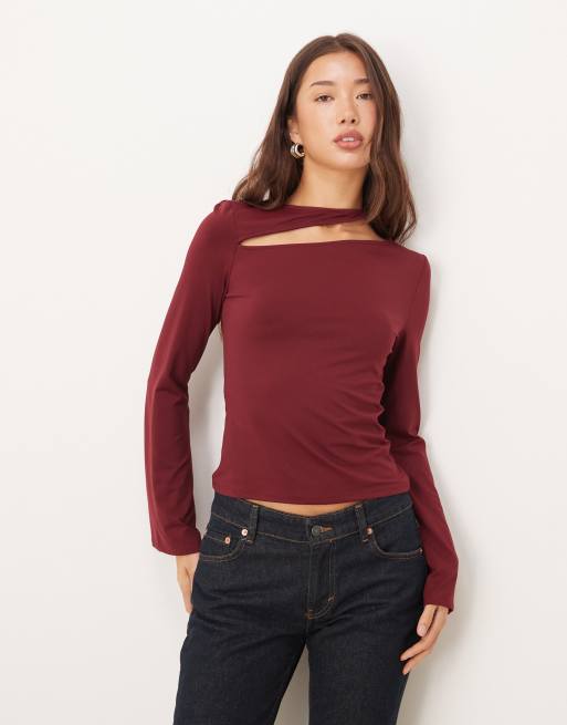 ASOS DESIGN – Jagodowy top z wycięciem i długimi rękawami z miękkiej bawełny