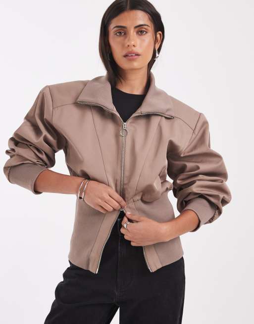 ASOS DESIGN jakke i dyb rib med indsnøring og gennemgående lynlås i tan, 3 af 4