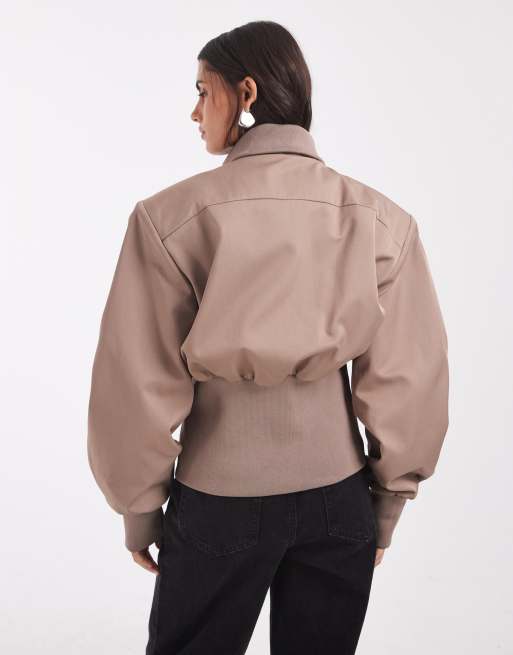 ASOS DESIGN jakke i dyb rib med indsnøring og gennemgående lynlås i tan, 4 af 4