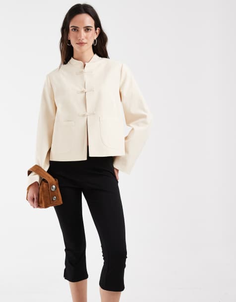 ASOS DESIGN jakke i hørblanding med boxy fit og mandarin-krave i creme - view 1