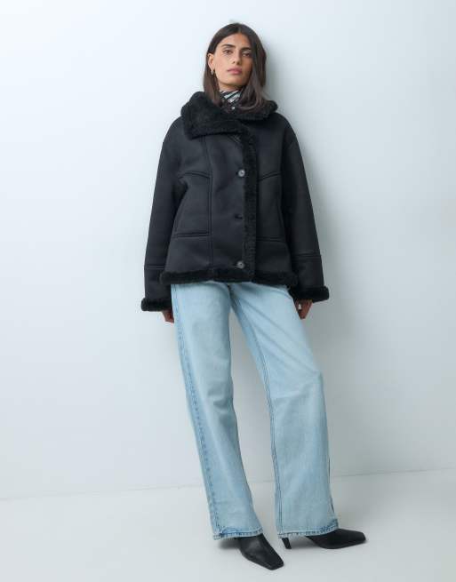 ASOS DESIGN jakke med vandfaldskrage, borg-for og shearling i sort, 3 af 4