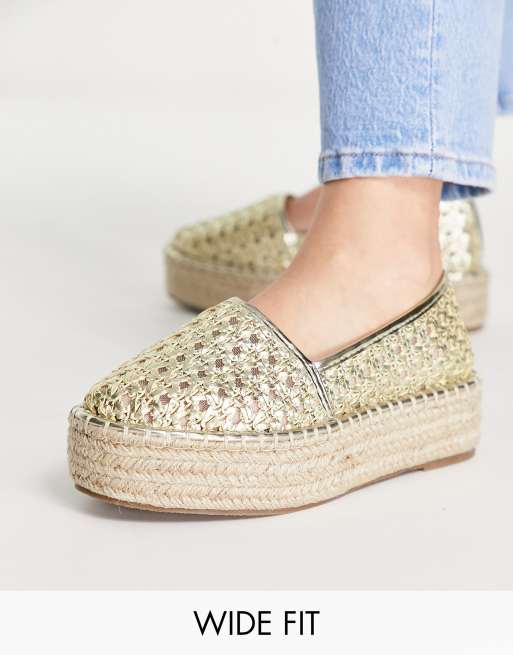 ASOS DESIGN - Jala - Espadrilles pointure large effet tressé à semelle plateforme et à bout renforcé - Doré