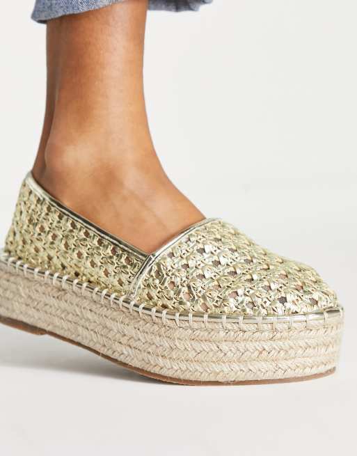 Vriend zuiger afwijzing ASOS DESIGN Jala flatform toe-cap espadrilles in gold weave | ASOS