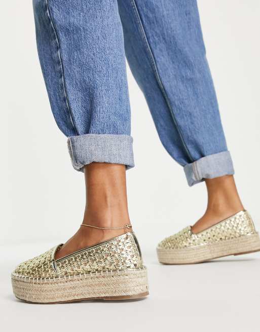 Flatform Toe-Cap Espadrilles in Gold Weave