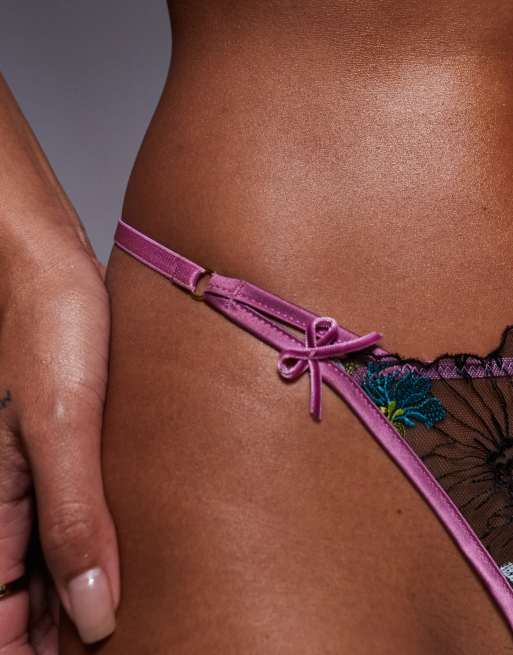ASOS DESIGN Jamie floral embroidered tanga thong with satin binding in black & pink, 2 of 4