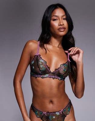 ASOS DESIGN - Jamie - Longline-Triangel-BH in Schwarz und Pink mit Blumenstickerei und Satineinfassung