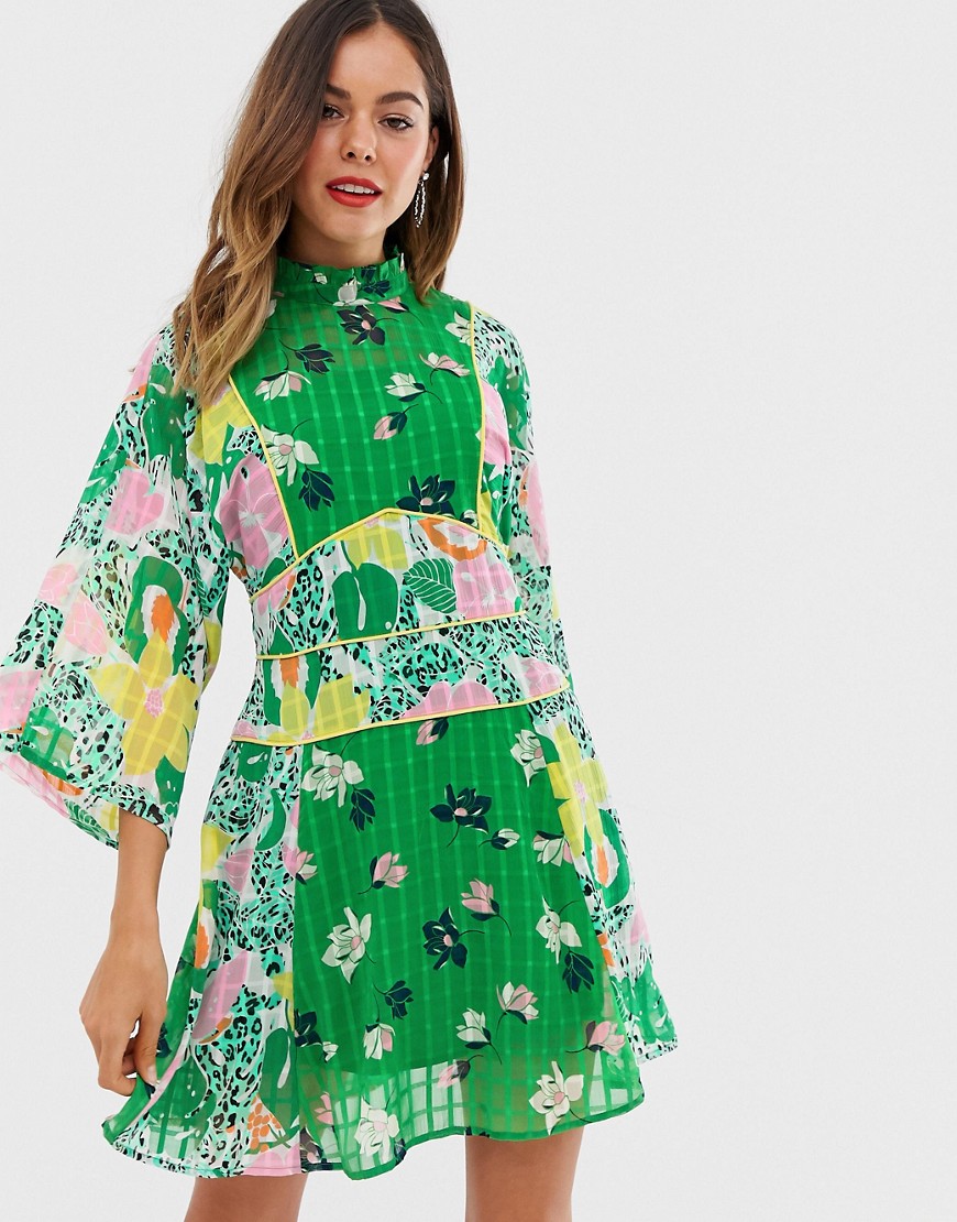 ASOS DESIGN - Jaren 70 mini-jurk in gemixte heldere bloemenprint-Multi