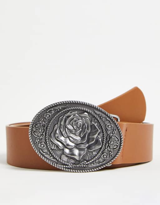 ASOS DESIGN - Jaren 70-stijl brede riem van imitatieleer met antieke verzilverde gesp met roos in bruin