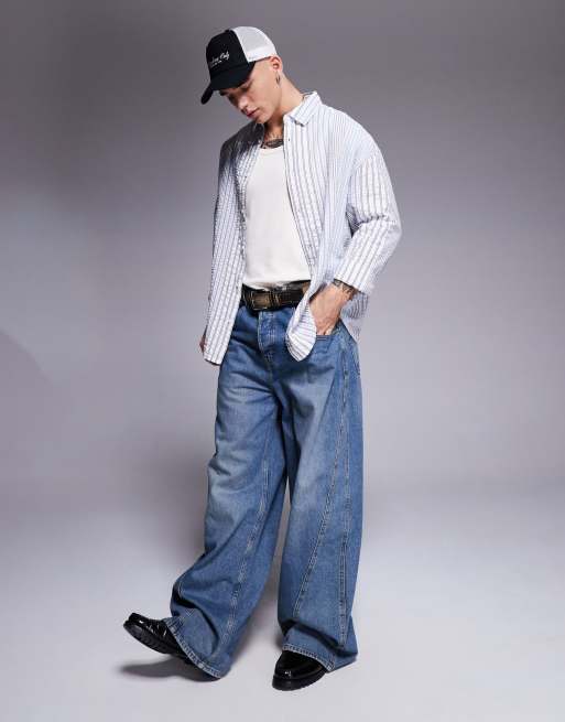 ASOS DESIGN - Jaren 90 oversized overhemd in wit met blauwe seersucker streep, 3 van 4