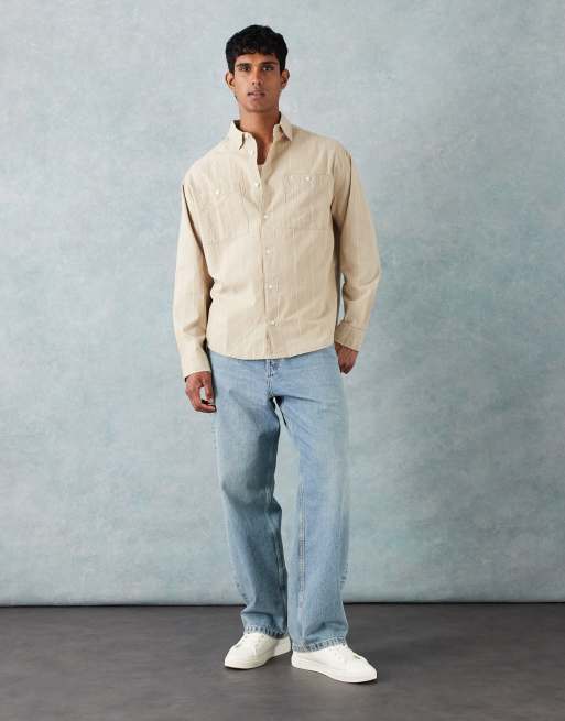 ASOS DESIGN - Jaren 90 oversized seersucker overhemd met strepen in beige, 2 van 5