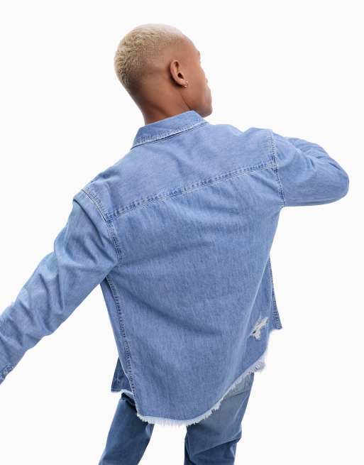 ASOS DESIGN Jaren 90 stijl oversized denim overhemden met extreme scheuren in blauw ASOS