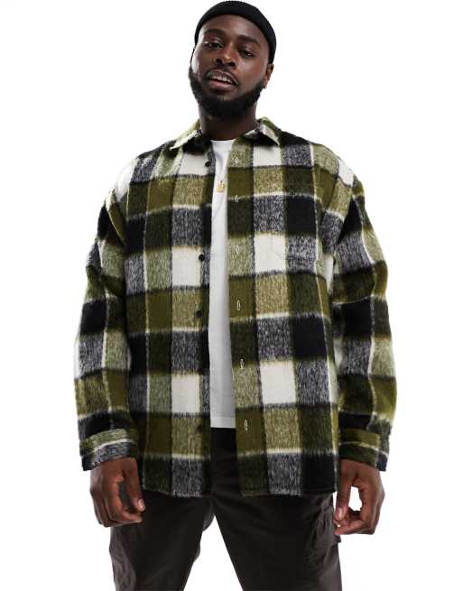 ASOS DESIGN - Jaren 90 stijl oversized geruite shacket van wolmix met textuur in kaki, 2 van 4