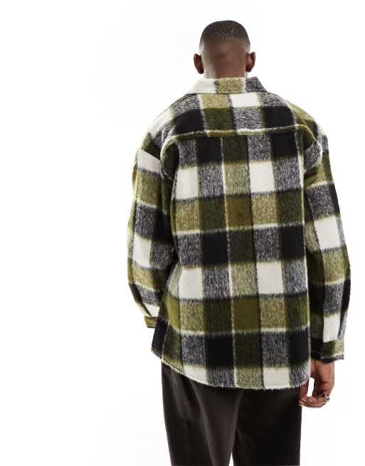 ASOS DESIGN - Jaren 90 stijl oversized geruite shacket van wolmix met textuur in kaki, 4 van 4