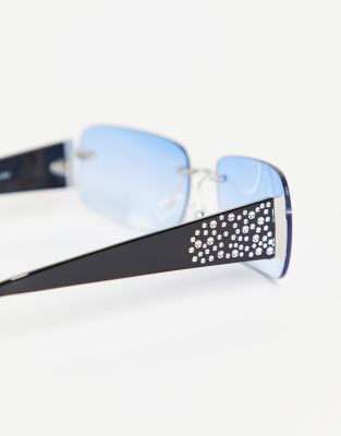 ASOS DESIGN - Jaren 90 zonnebril zonder rand met blauwen glazen en detail  op de pootjes | ASOS