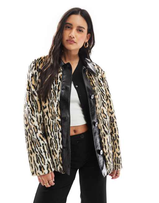 ASOS DESIGN - Jas met leren kraag en imitatiebont in luipaardprint, 2 van 4