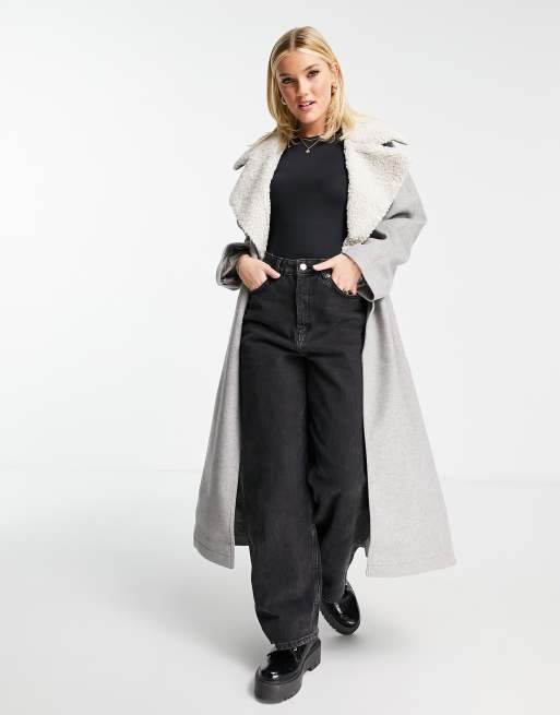 ASOS DESIGN - Jas met riem en borgkraag in grijs