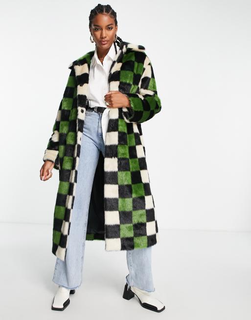 ASOS DESIGN - Jas van imitatiebont met lange pasvorm en dambordmotief in kaki en bruin