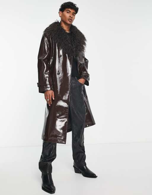 ASOS DESIGN - Jas van imitatieleer met rand van imitatiebont in bruin
