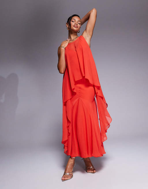 ASOS DESIGN – Jaskrawoczerwona sukienka maxi ze skosu z głębokim dekoltem na plecach, szyfonową narzutką i godetem